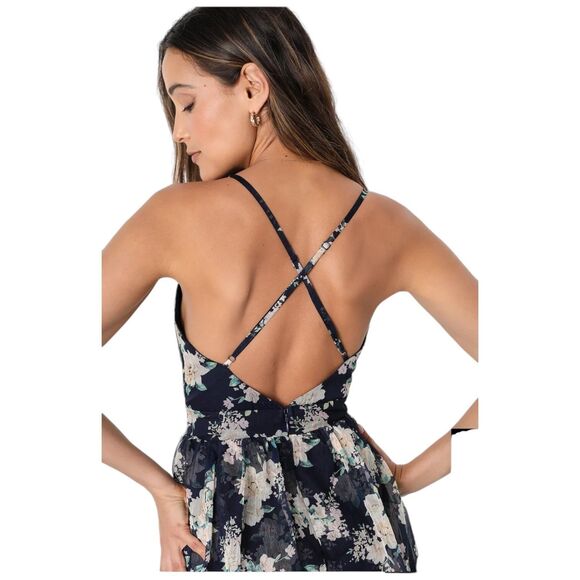 Lulus Cultivate Crushes Navy Floral Print Tiered Ruffled Midi Dress Size S - Picture 7 of 12